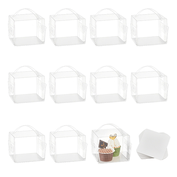 Foldable Transparent Plastic Single Cake Gift Packing Box, Bakery Cake Cupcake Box Container, with Handle and Paper, Square