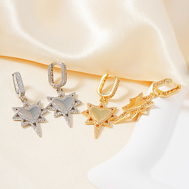 Серьги-кольца из латуни с прозрачным кубическим цирконием в форме звезды и сердца