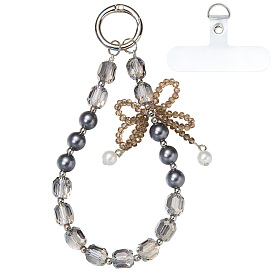 Bracelets de téléphone portable en verre et acrylique imitation perle, avec anneaux de fermeture à ressort en alliage et cordon pour téléphone portable en PVC, bowknot