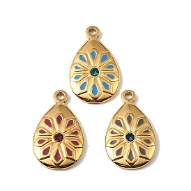 304 Stainless Steel Enamel Pendants, Teardrop with Flower Charms, with Rhinestone, Real 18K Gold Plated, Ion Plating(IP)