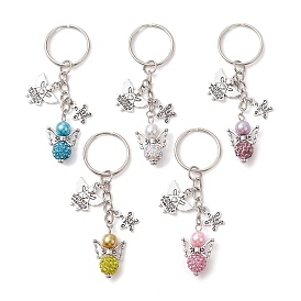 5Pcs 5 Colors Angel Polymer Clay Rhinestone Keychains, with Alloy Charms and Iron Split Key Rings