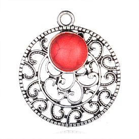 Flat Round Alloy Pendants, with Synthetic Turquoise Gemstones, 31x28x6mm, Hole: 3mm