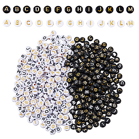 1200 шт 4 стили непрозрачные акриловые бусины, металла обвитые, горизонтальное отверстие, плоско-круглые, cmешанные буквы