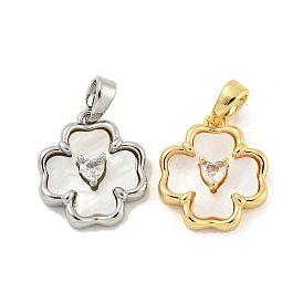 Brass Pave Shell Pendants, with Clear Cubic Zirconia, Flower Charm
