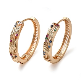 Brass Micro Pave Colorful Cubic Zirconia Hoop Earrings, Hollow Leaf
