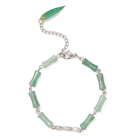 Natural Green Aventurine Bamboo Beaded Bracelet with Acrylic Leaf Charms