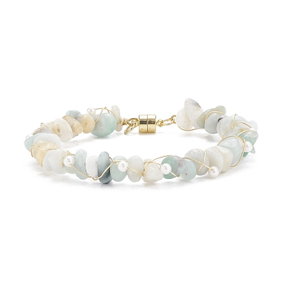 Pulsera de cuentas de chips de piedra natural con perla de concha, pulsera de alambre de latón con cierres magnéticos para mujer