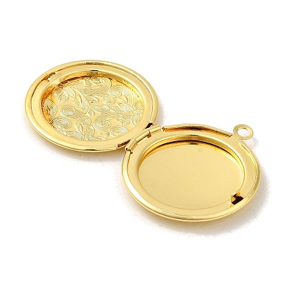 Rack Plating Brass Locket Pendants, Photo Frame Charms for Necklaces, Long-Lasting Plated, Flat Round with Flower Charm