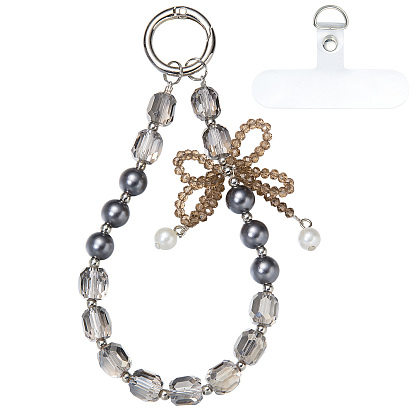 Bracelets de téléphone portable en verre et acrylique imitation perle, avec anneaux de fermeture à ressort en alliage et cordon pour téléphone portable en PVC, bowknot