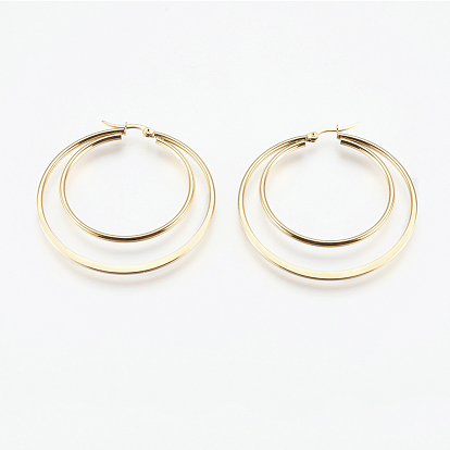 201 Stainless Steel Hoop Earrings, with 304 Stainless Steel Pin, Hypoallergenic Earrings, Double Ring