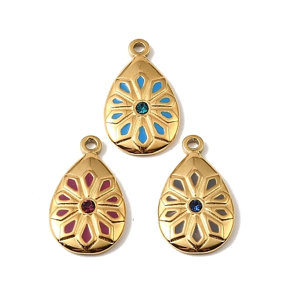 304 Stainless Steel Enamel Pendants, Teardrop with Flower Charms, with Rhinestone, Real 18K Gold Plated, Ion Plating(IP)