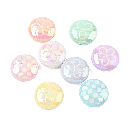 2 акриловые бусины с УФ-покрытием, радужный, плоские круглые с цветком, с эмалью