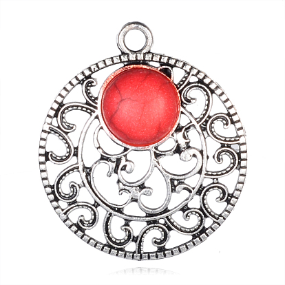 Flat Round Alloy Pendants, with Synthetic Turquoise Gemstones, 31x28x6mm, Hole: 3mm