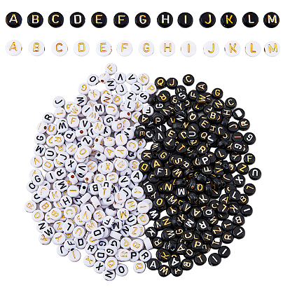 1200 шт 4 стили непрозрачные акриловые бусины, металла обвитые, горизонтальное отверстие, плоско-круглые, cmешанные буквы