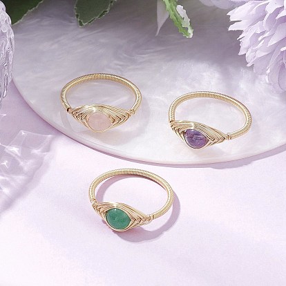 Кольца с конским глазом, натуральным зеленым авантюрином, аметистом и розовым кварцем, кольца из медной проволоки