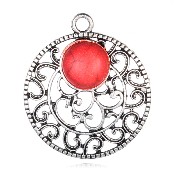 Flat Round Alloy Pendants, with Synthetic Turquoise Gemstones, 31x28x6mm, Hole: 3mm