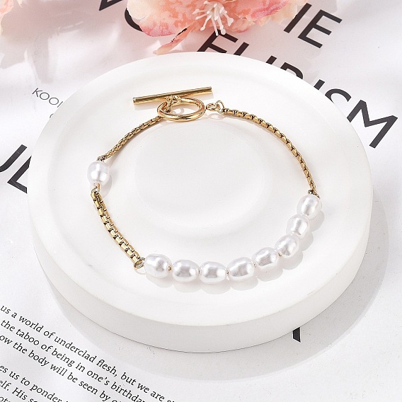 304 браслеты из нержавеющей стали с цепочками Boston Link для женщин, с бусиной из искусственного жемчуга