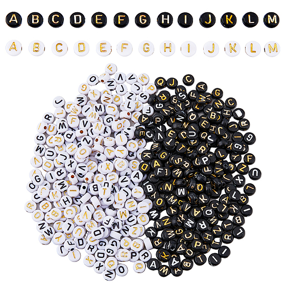 1200 шт 4 стили непрозрачные акриловые бусины, металла обвитые, горизонтальное отверстие, плоско-круглые, cmешанные буквы