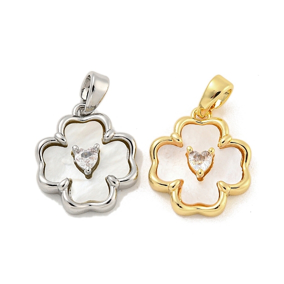 Подвески из латунных ракушек, с четким кубического циркония, цветочный шарм