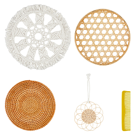 1 Set Handmade Macrame Cotton Woven Flower Wall Hanging, with 1Pc Bamboo Colander Bamboo Sieve & 1Pc Rattan Hot Pot Holders & 1Pc Place Mat