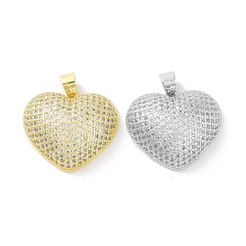 Rack Plating Brass Micro Pave Clear Cubic Zirconia Pendants, Cadmium Free & Lead Free, Long-Lasting Plated, Heart