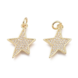 Brass Micro Pave Clear Cubic Zirconia Pendants, with Jump Ring, Star