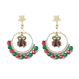 201 Stainless Steel  Hoop Earring, with Glass & Alloy Enamel Pendant, For Christmas, Christmas Bell