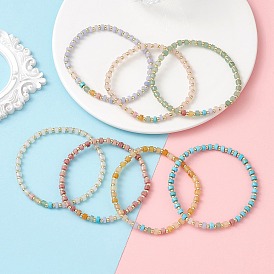 7 Браслеты из натуральных и синтетических смешанных драгоценных камней и латунных бусин, эластичные, для женщин, диск и круглый, реальный 18 k позолоченный