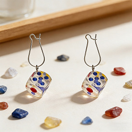 Iron & Acrylic Dangle Earrings for Women, Dice, Silver
