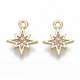 Brass Micro Pave Cubic Zirconia Charms, Nickel Free, Eight Pointed Star
