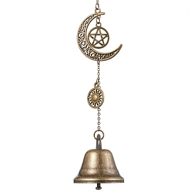 Iron Bell Pendant Decoration, Alloy Hollow Moon & Star & Sun and Brass Chain for Home Door Hanging Ornaments