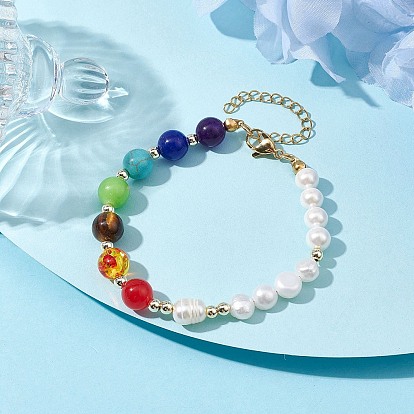 Chakra Theme Natural & Synthetic Mixed Gemstone Beaded Bracelet, with Shell Pearl Beads