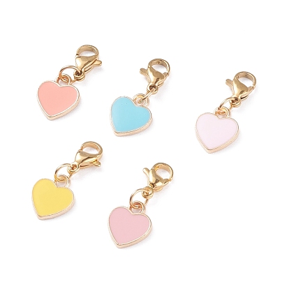 Alloy Enamel Pendant Decorations, with 304 Stainless Steel Lobster Claw Clasps, Heart