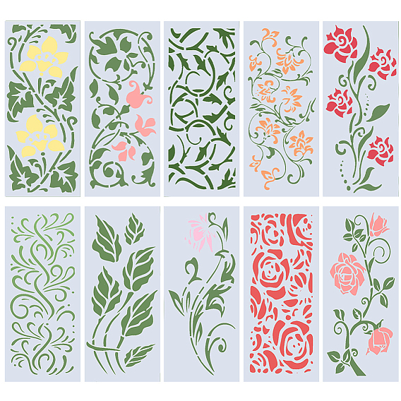 PET Plastic Drawing Painting Stencils Templates, Rectangle with Flower Pattern