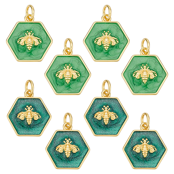 8 шт. 2 стили стойка покрытие латунь эмаль подвески, с целью перехода в кольце, реальный 18 k позолоченный, шестиугольник с пчелой