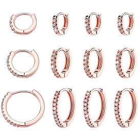 12Pcs 3 Styles Brass Rhinestone Hoop Earrings, Ring