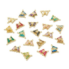 Brass Micro Pave Clear Cubic Zirconia Links Connectors, with Glass, Butterfly, Golden