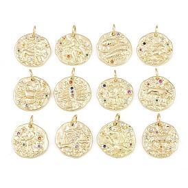 Breloques en laiton zircon cubique micro pavé, rond avec des breloques constellation, crémaillère plaquage, plaqué longue durée, sans cadmium et sans plomb, or