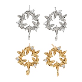 Brass Micro Pave Cubic Zirconia Studs Earring Findings, Long-Lasting Plated, Lead Free & Cadmium Free, Leaf