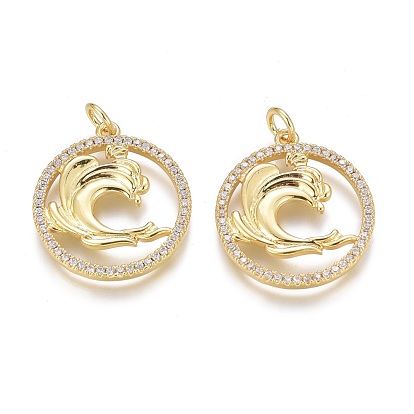 Brass Micro Pave Clear Cubic Zirconia Pendants, Long-Lasting Plated, With Jump Rings, Flat Round