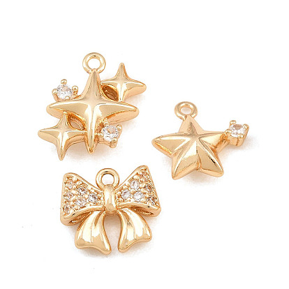 304 Stainless Steel Micro Pave Clear Cubic Zirconia Charms, Bowknot/Star Charms, Long-Lasting Plated