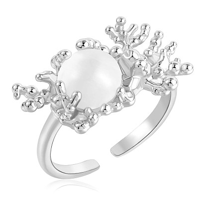 925 Sterling Silver Branch Open Cuff Ring, Cat Eye Half Round Finger Ring for Women