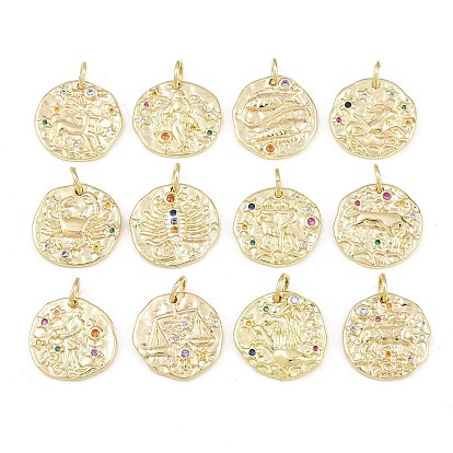 Breloques en laiton zircon cubique micro pavé, rond avec des breloques constellation, crémaillère plaquage, plaqué longue durée, sans cadmium et sans plomb, or
