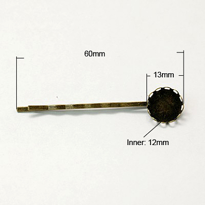 Iron Hair Bobby Pin Findings, with Brass Round Tray, 60mm, Tray: 13x12mm