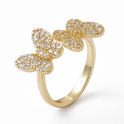 Rack Plating Brass Cubic Zirconia Cuff Rings for Women, Butterfly Long-Lasting Plated Open Ring, Lead Free & Cadmium Free