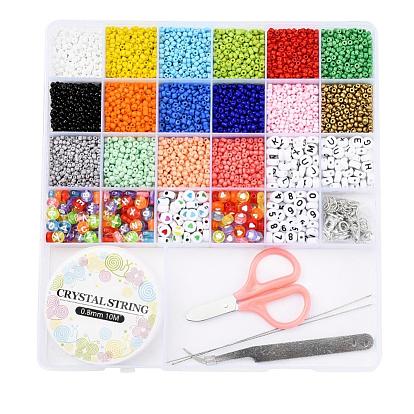 DIY Jewelry Making Kits, Including Round Baking Paint & Opaque Colours Glass Seed Beads, Flat Round Acrylic Beads, Elastic Crystal Thread, Tweezers, Scissors and Steel Beading Needles