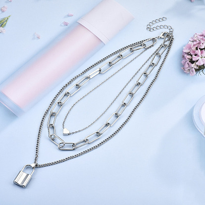 Zinc Alloy 3 Layered Necklaces, Lead Free & Nickel Free, with Lobster Claw Clasps and Heart Beads, Padlock