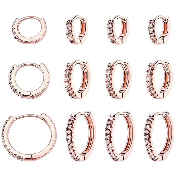 12Pcs 3 Styles Brass Rhinestone Hoop Earrings, Ring