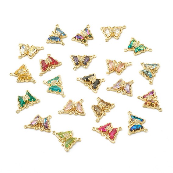 Brass Micro Pave Clear Cubic Zirconia Links Connectors, with Glass, Butterfly, Golden
