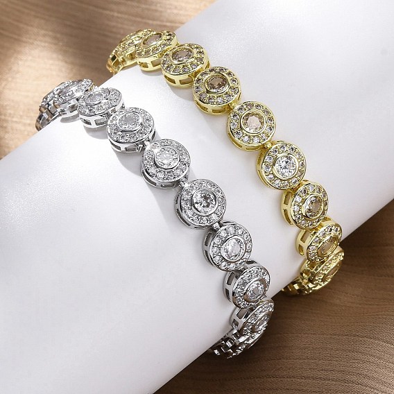 Браслеты-цепочки из латуни с микропаве и прозрачным кубическим цирконием, плоские круглые звенья для женщин, без свинца и без кадмия, стойки покрытие
